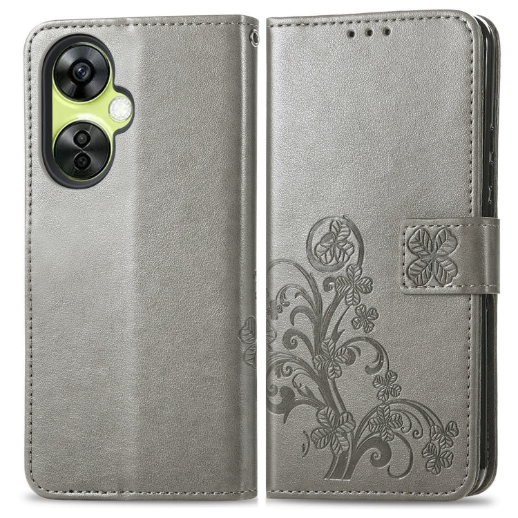 For OnePlus Nord CE 3 Lite Four-leaf Clasp Embossed Buckle Leather Phone Case(Gray) - OnePlus Cases by buy2fix | Online Shopping UK | buy2fix