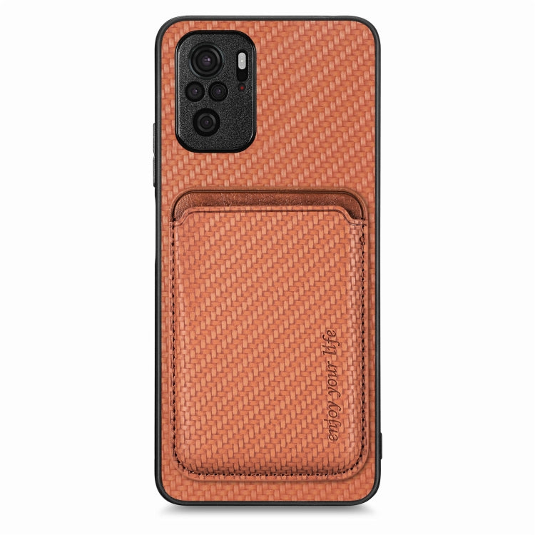 For Redmi Note 10 4G Carbon Fiber Leather Card Magsafe Phone Case(Brown) - Xiaomi Cases by buy2fix | Online Shopping UK | buy2fix