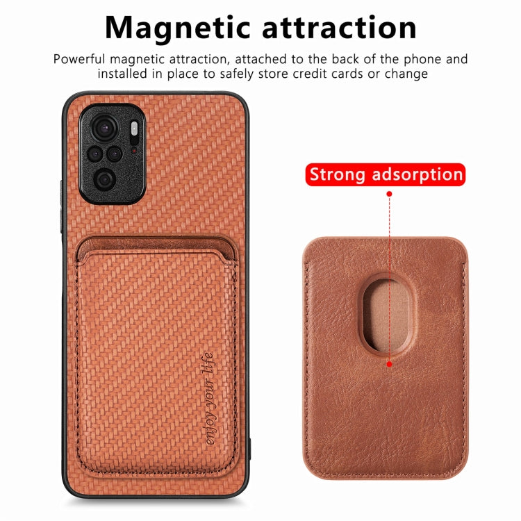 For Redmi Note 10 4G Carbon Fiber Leather Card Magsafe Phone Case(Brown) - Xiaomi Cases by buy2fix | Online Shopping UK | buy2fix