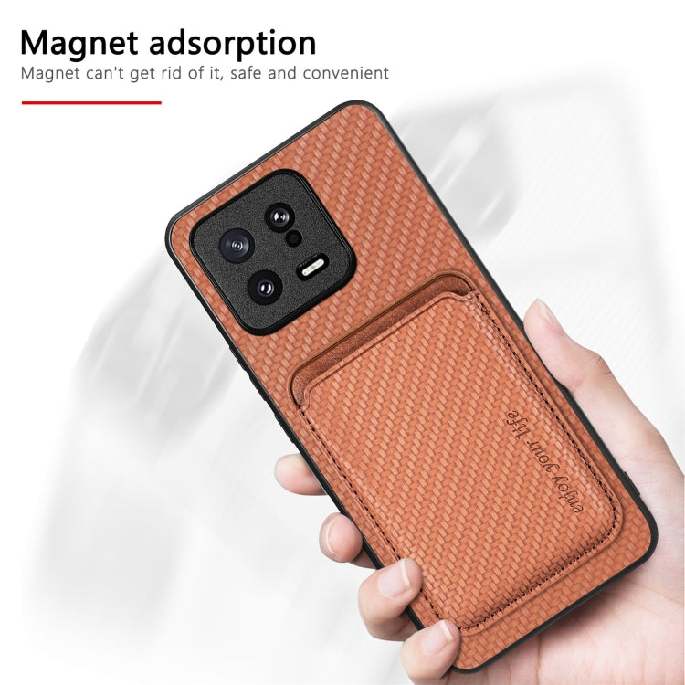 For Redmi Note 11T Pro 5G Carbon Fiber Leather Card Magsafe Phone Case(Brown) - Xiaomi Cases by buy2fix | Online Shopping UK | buy2fix