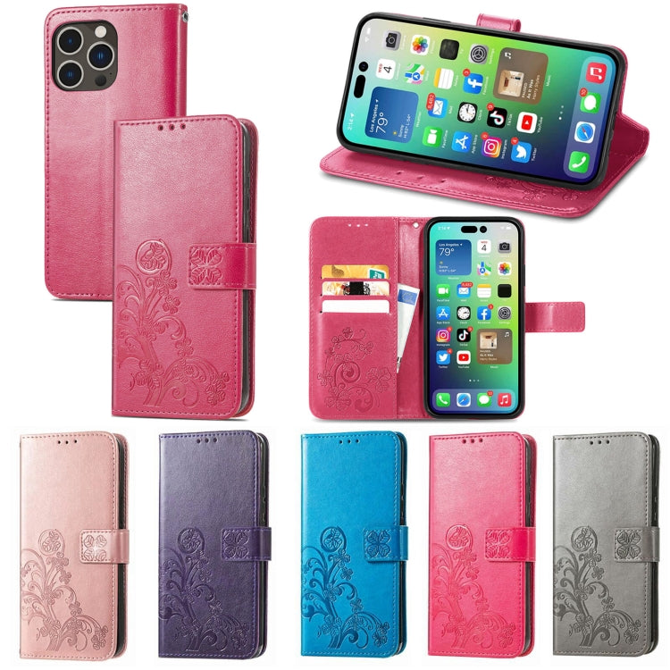 For iPhone 15 Plus Four-leaf Clasp Embossed Buckle Leather Phone Case(Magengta) - iPhone 15 Plus Cases by buy2fix | Online Shopping UK | buy2fix