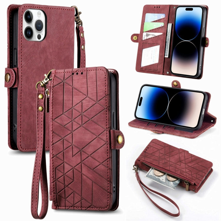 For iPhone 15 Pro Geometric Zipper Wallet Side Buckle Leather Phone Case(Red) - iPhone 15 Pro Cases by buy2fix | Online Shopping UK | buy2fix