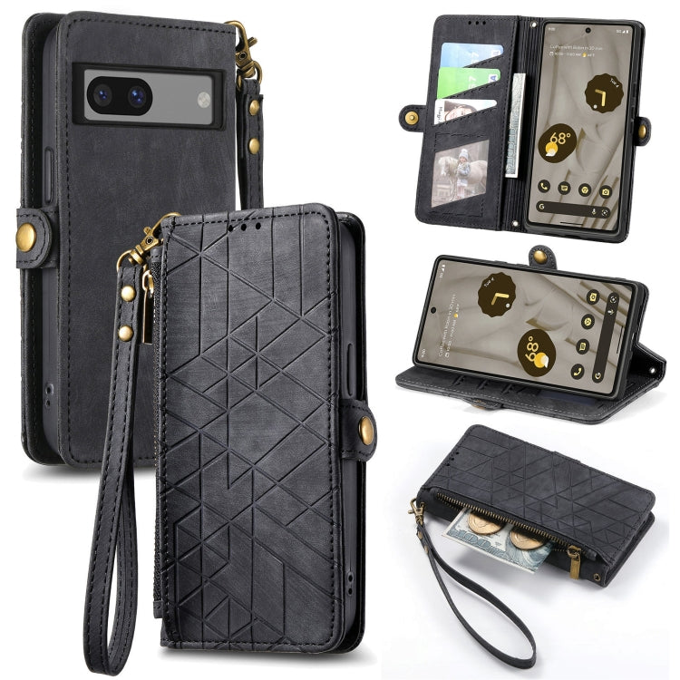 For Google Pixel 6A Geometric Zipper Wallet Side Buckle Leather Phone Case(Black) - Google Cases by buy2fix | Online Shopping UK | buy2fix