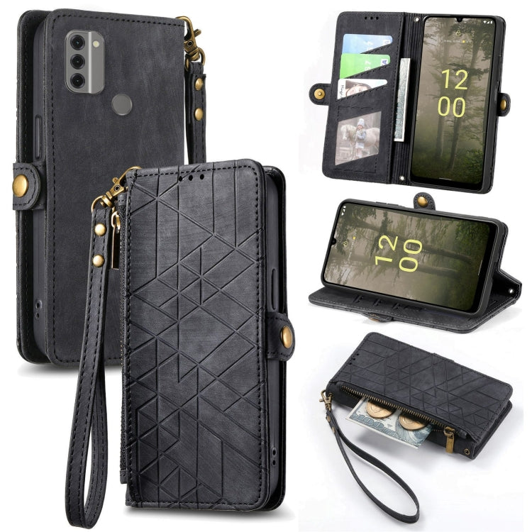 For Nokia C31 Geometric Zipper Wallet Side Buckle Leather Phone Case(Black) - Nokia Cases by buy2fix | Online Shopping UK | buy2fix