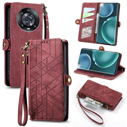 For Honor Magic4 Geometric Zipper Wallet Side Buckle Leather Phone Case(Red) - Honor Cases by buy2fix | Online Shopping UK | buy2fix