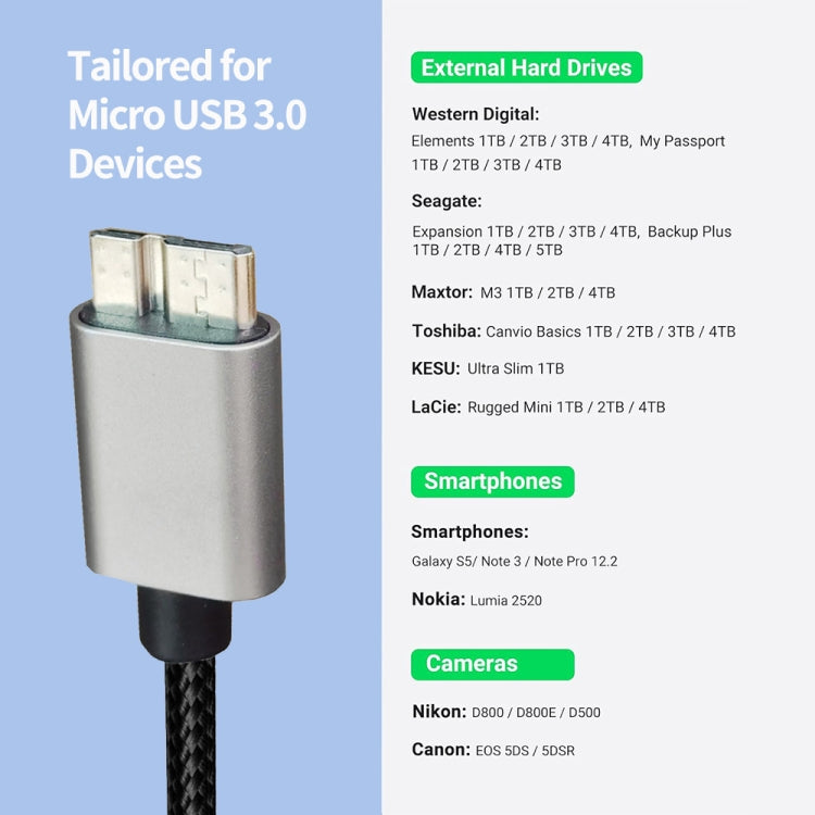 JUNSUNMAY USB 3.0 Male to Micro-B Cord Cable Compatible with Samsung Camera Hard Drive, Length:3m - USB Cable by JUNSUNMAY | Online Shopping UK | buy2fix