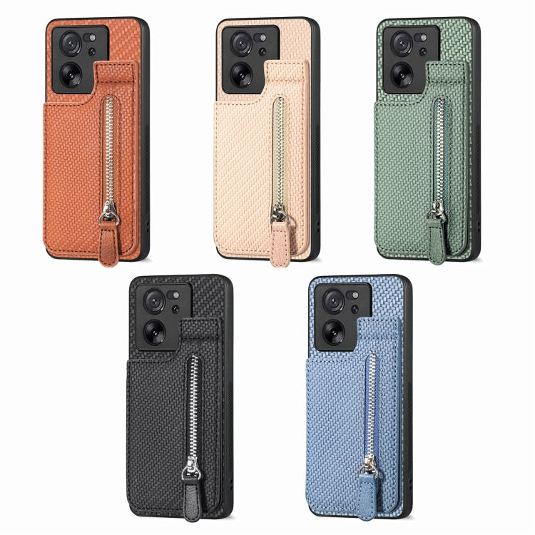 For Xiaomi 13T / 13T Pro Carbon Fiber Vertical Flip Zipper Phone Case(Green) - Xiaomi Cases by buy2fix | Online Shopping UK | buy2fix