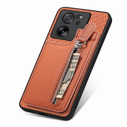 For Xiaomi 13T / 13T Pro Carbon Fiber Vertical Flip Zipper Phone Case(Brown) - Xiaomi Cases by buy2fix | Online Shopping UK | buy2fix