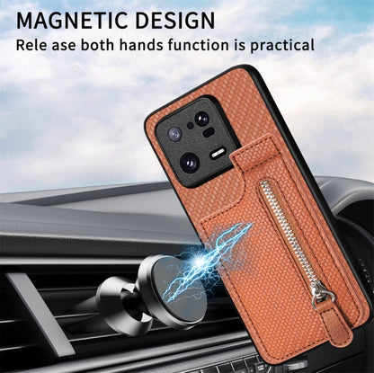 For Xiaomi 13T / 13T Pro Carbon Fiber Vertical Flip Zipper Phone Case(Brown) - Xiaomi Cases by buy2fix | Online Shopping UK | buy2fix