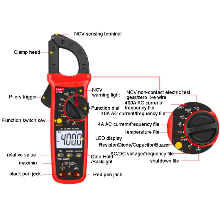 UNI-T UT202+ Digital Clamp Multimeter AC/DC Voltage Detector - Digital Multimeter by UNI-T | Online Shopping UK | buy2fix