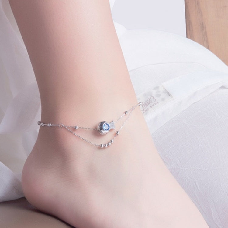 S925 Sterling Silver Inlaid Zircon Girls Foot Ornaments Double Round Bead Anklet(White Gold) - Anklets by buy2fix | Online Shopping UK | buy2fix