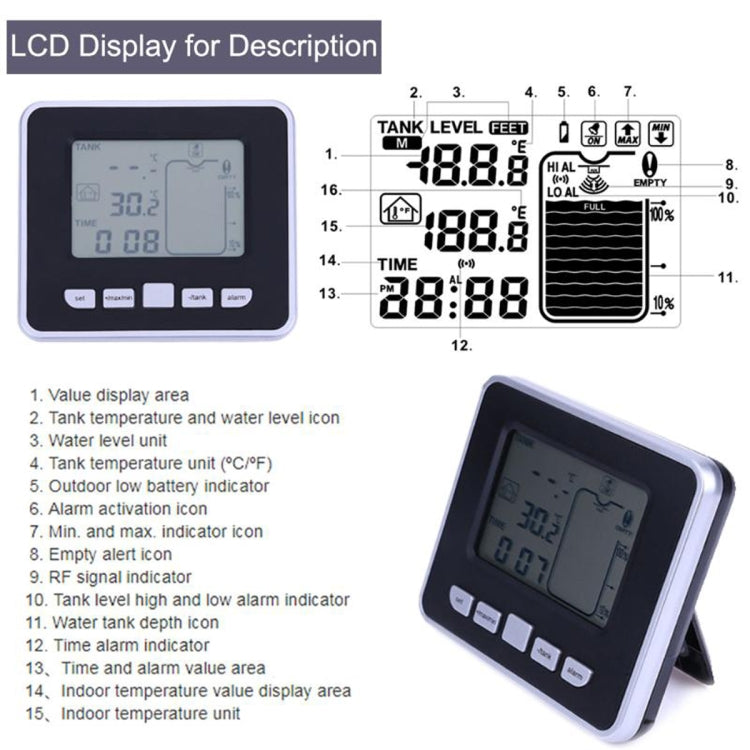 TS-FT002 Multifunctional Ultrasonic Electronic Water Tank Level Gauge With Indoor Temperature Thermometer Clock Display Water Level Gauge - Security by buy2fix | Online Shopping UK | buy2fix