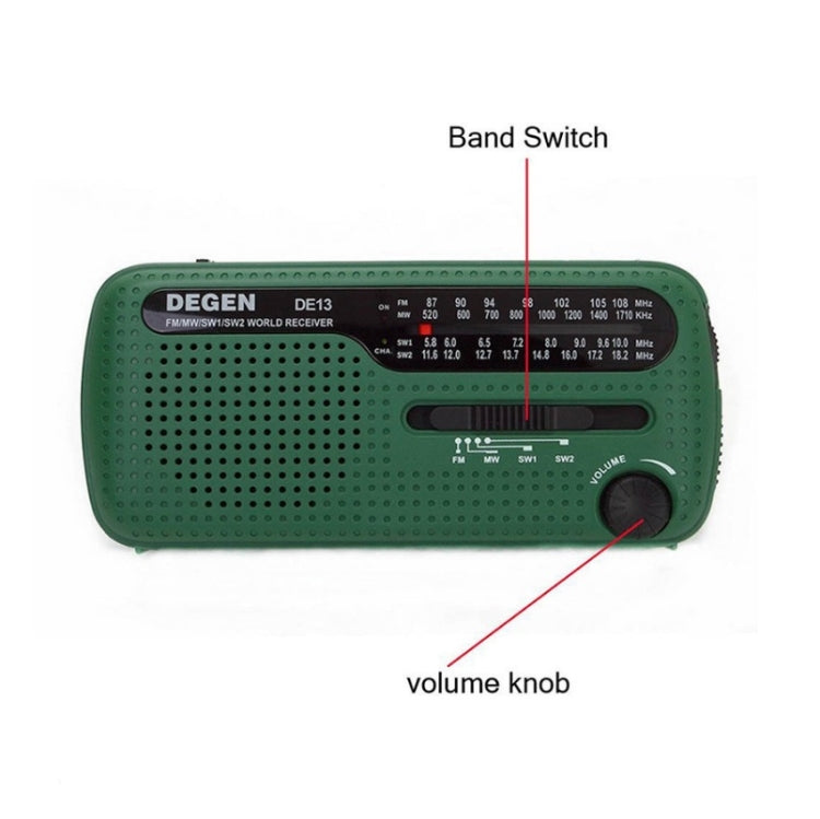 DE13 Hand-Cranked Power Full Band Solar Charging Emergency Outdoor Radio(Green) - Consumer Electronics by buy2fix | Online Shopping UK | buy2fix