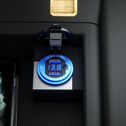 Aluminum Alloy Double QC3.0 Fast Charge With Button Switch Car USB Charger Waterproof Car Charger Specification: Blue Shell Blue Light With Terminal - In Car by buy2fix | Online Shopping UK | buy2fix