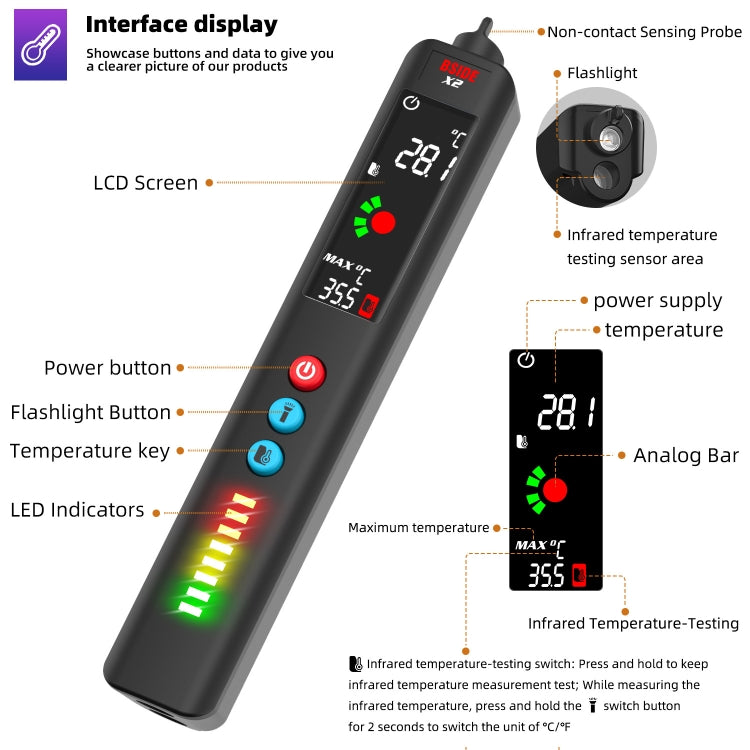 BSIDE X2 Three-Mode Smart Multimeter Electric Pen Infrared Thermometer with Flashlight Lighting - Digital Multimeter by BSIDE | Online Shopping UK | buy2fix