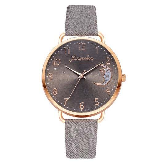 Ladies Moon Pattern Dial PU Strap Quartz Watch, Color: Grey - Leather Strap Watches by buy2fix | Online Shopping UK | buy2fix