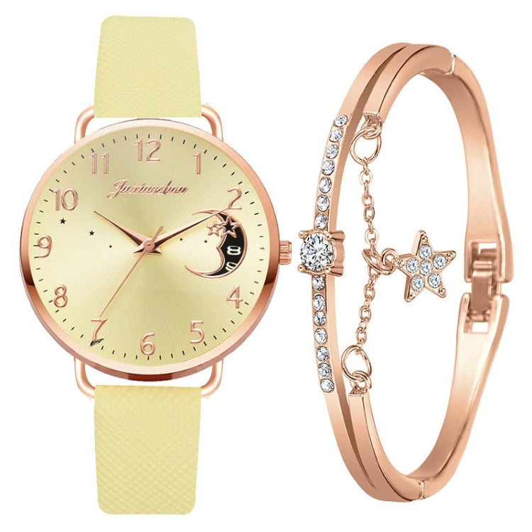Ladies Moon Pattern Dial PU Strap Quartz Watch, Color: Yellow+Bracelet - Leather Strap Watches by buy2fix | Online Shopping UK | buy2fix