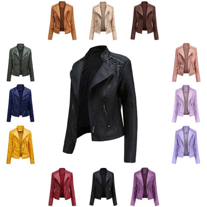 Women Short Leather Jacket Slim Jacket Motorcycle Suit, Size: M(Coffee) - Jacket & Loose Coat by buy2fix | Online Shopping UK | buy2fix