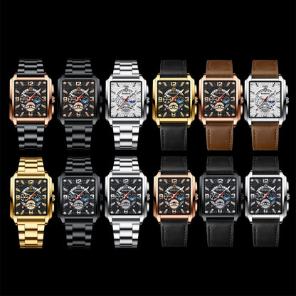 BINBOND B6575 Men Vintage Square Multifunctional Luminous Quartz Watch, Color: Brown Leather-White-White - Metal Strap Watches by BINBOND | Online Shopping UK | buy2fix