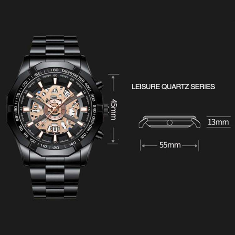 BINBOND S033 Hollowed Mechanical 30m Waterproof Luminous Quartz Watch, Color: Black Steel-Black-White - Metal Strap Watches by BINBOND | Online Shopping UK | buy2fix