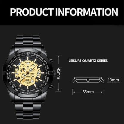 BINBOND S034 30M Waterproof Quartz Watch Skull Skeleton Luminous Watch(Full Gold Black Gold Nail) - Metal Strap Watches by BINBOND | Online Shopping UK | buy2fix