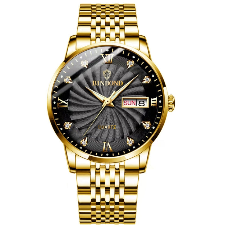 BINBOND B3034 Diamond 30m Waterproof Business Watch Men's Butterfly Buckle Luminous Quartz Watch(Full-gold-Black-Gold Nail) - Metal Strap Watches by BINBOND | Online Shopping UK | buy2fix