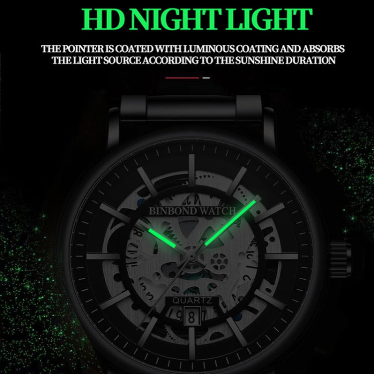 BINBOND B7872 Multifunctional Hollow Luminous Waterproof Quartz Watch, Color: White Steel-Black-White - Metal Strap Watches by BINBOND | Online Shopping UK | buy2fix