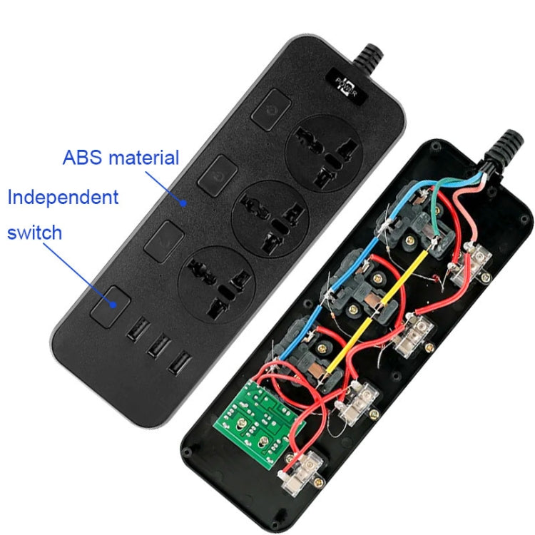 T14 2m 2500W 3 Plugs + 3-USB Ports Multifunctional Socket With Switch, Specification: EU Plug (Black) - Extension Socket by buy2fix | Online Shopping UK | buy2fix