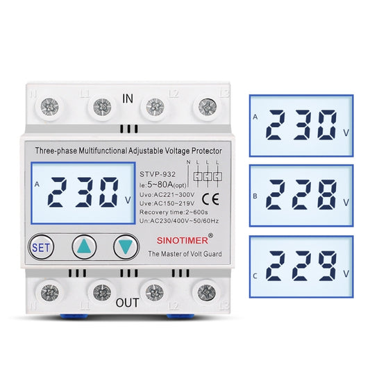 SINOTIMER STVP-932 40A 3-phase 380V LCD Self-resetting Adjustable Surge Voltage Protector - Other Tester Tool by SINOTIMER | Online Shopping UK | buy2fix