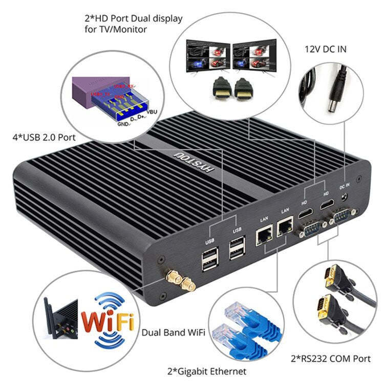 HYSTOU P05B-I7-5500U-2C Fanless Mini PC Intel Core i7 5500u Processor Quad Core up to 2.4GHz, RAM: 8G, ROM: 256G, Support Win 7 / 8 / 10 / Linux(Black) - Barebone Mini PCs by HYSTOU | Online Shopping UK | buy2fix